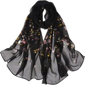 Women's Black Fashion Lightweight Head Scarf Floral Print Chiffon Scarves